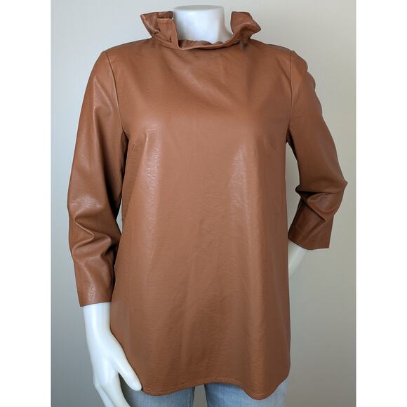 Tuckernuck Faye Blouse Top Large Cognac Brown Faux Leather Bow Back Ruffle Neck - Picture 3 of 9